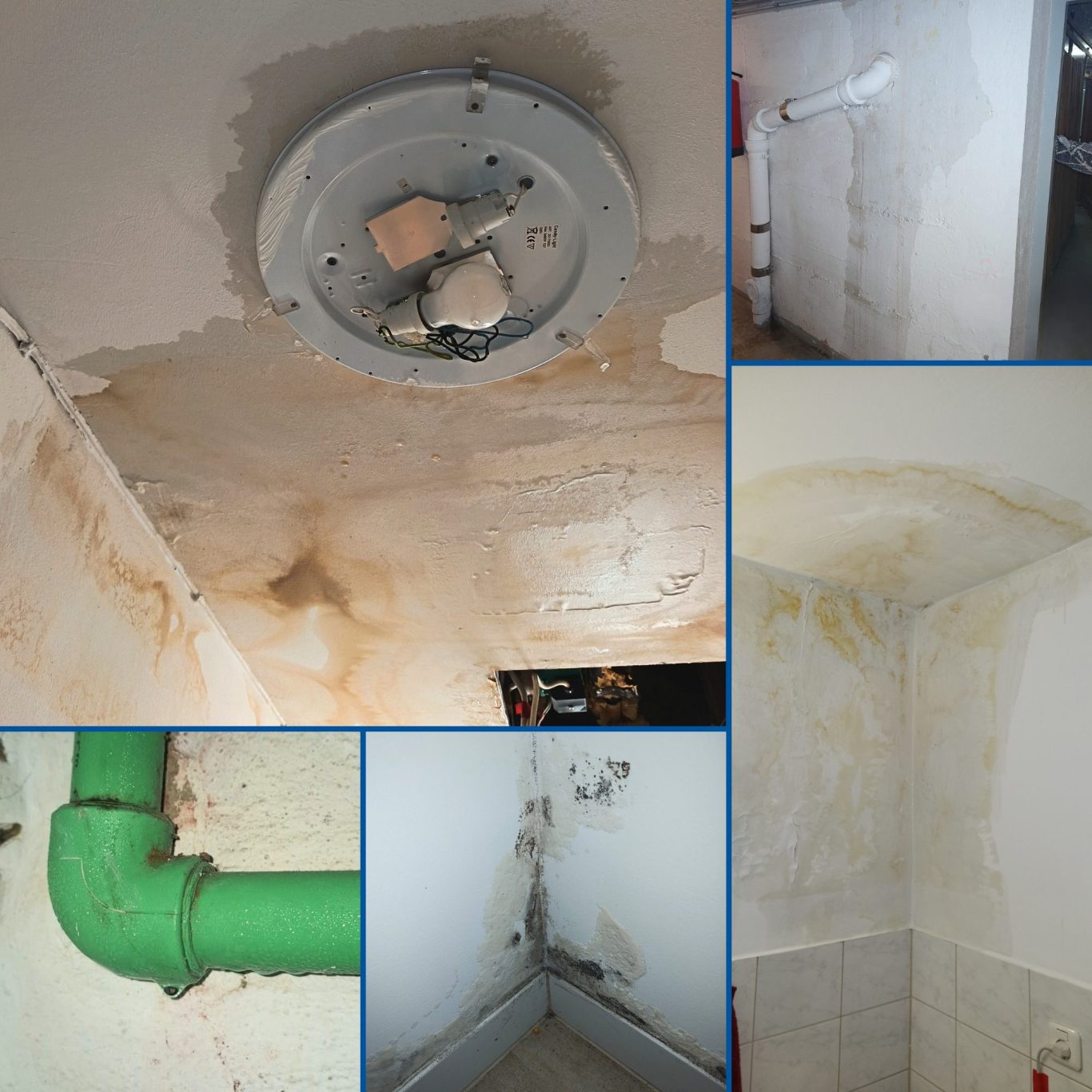 Bilder von Wasserschäden Wasserflecken an Wänden, beschädigte Decke, Schimmelflecken an der Wand und tropfende Rohrleitung in einem Innenraum.