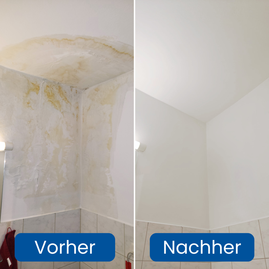Wasserschadensanierung Braunert im Raum München Vergleich Vorher-Nachher: Decke mit Wasserflecken und Schimmel, nachher frisch gestrichen.
